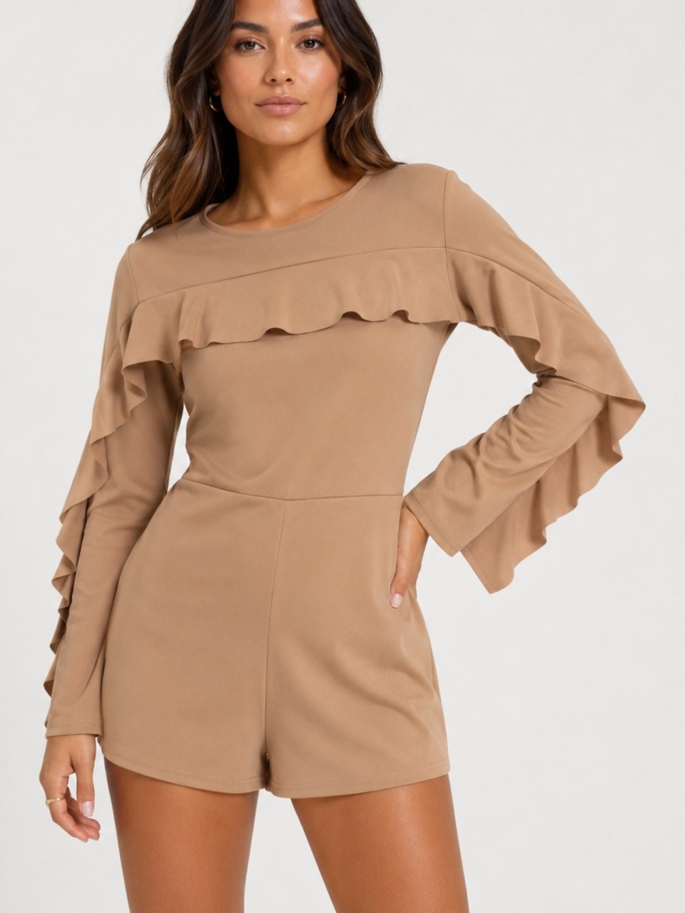 Missguided Ruffle Long Sleeve Shorts Romper in Nude Tan Women’s Size‎ 6